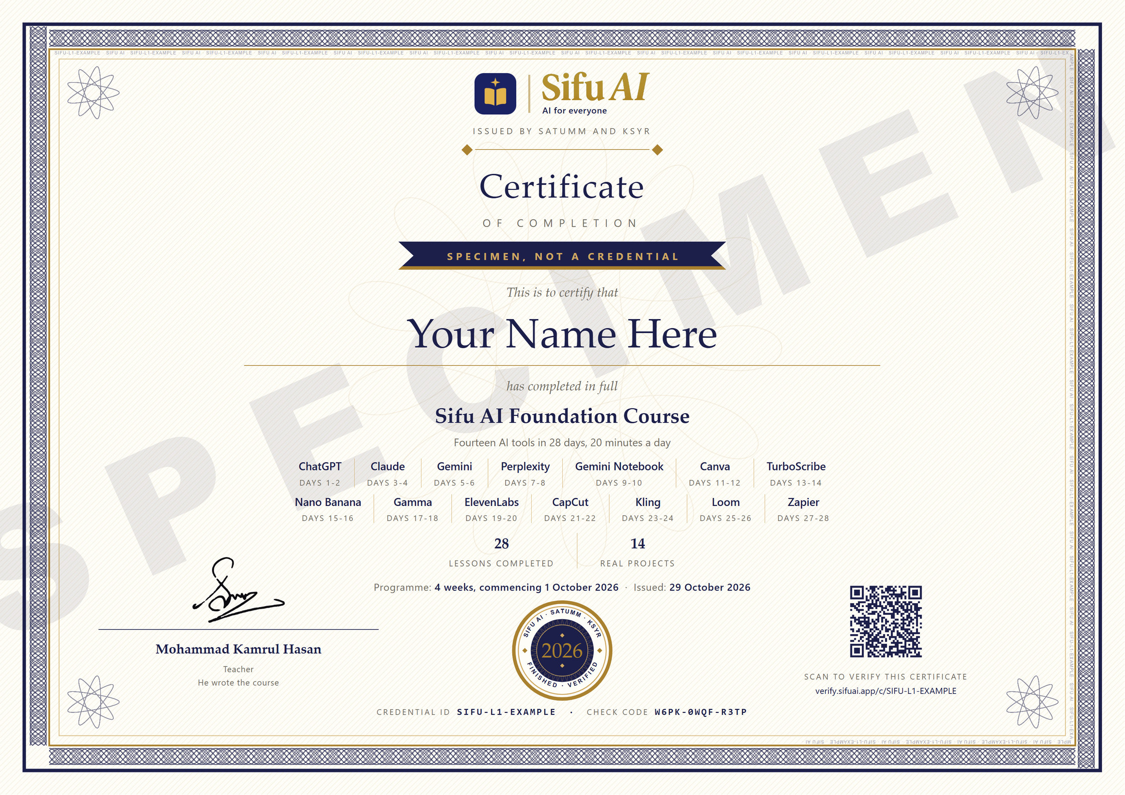 نموذج شهادة Sifu AI، صادرة من SATUMM وKSYR إلى Your Name Here، رقم الاعتماد SIFU-L1-EXAMPLE